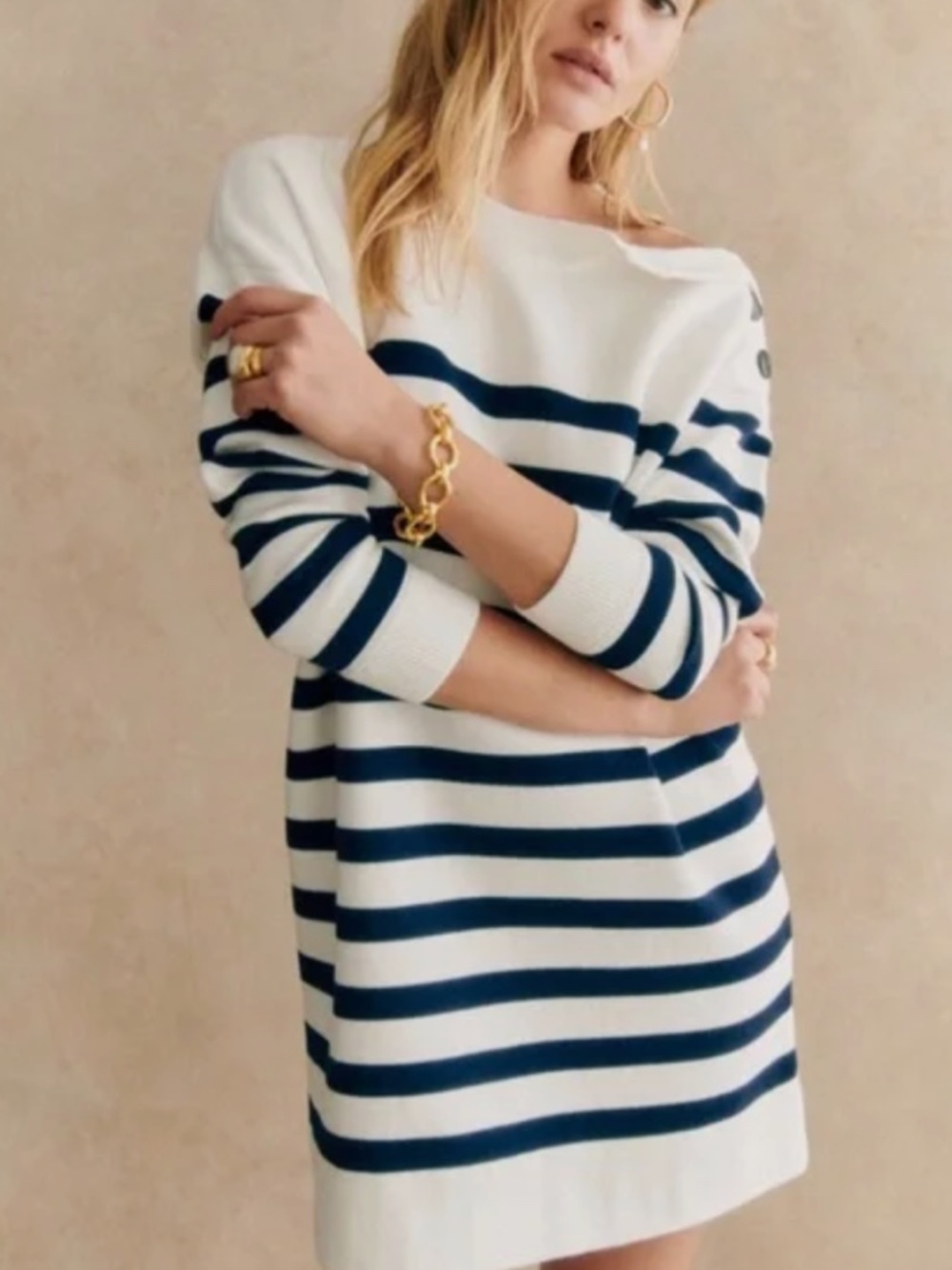 NWT Sezane Briella Dress, Mini, Striped, Button Shoulder Cotton Blend Sz Large